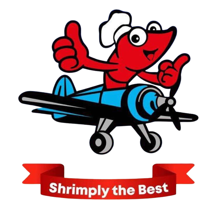 Shrimp Tail Restaurant mascot — a red shrimp chef flying a blue biplane with a Shrimply the Best banner